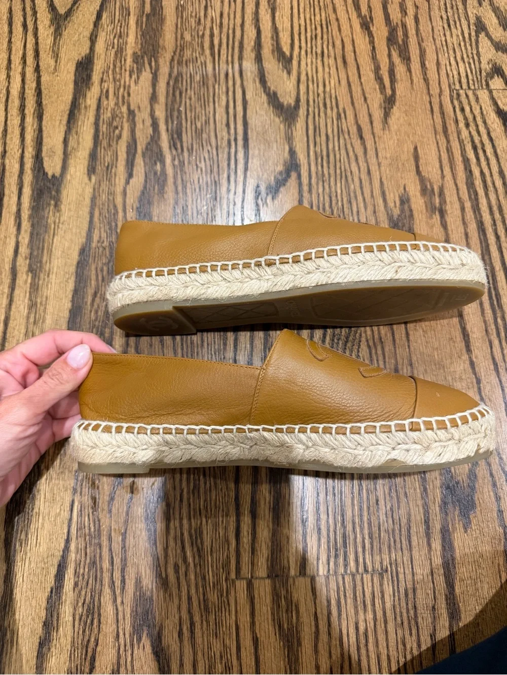 CHANEL Cognac Leather Espadrilles with Embossed CC- worn ONCE!